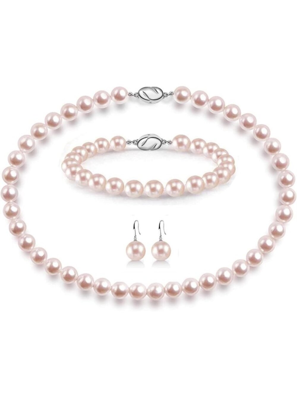 Elegant Pearl Jewelry Set - 8mm Round Shell Pearls, Bracelet & Dangle Earrings